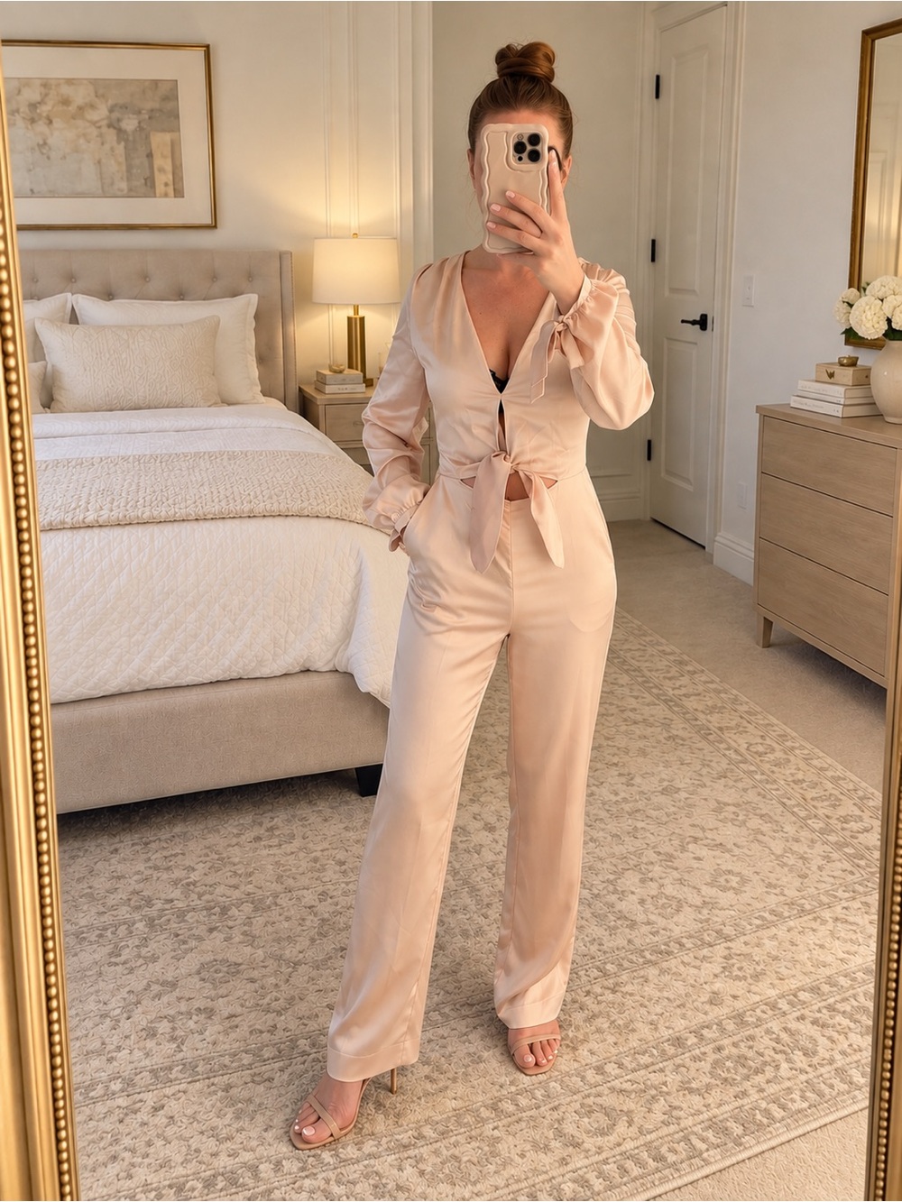 Tie-Front Satin Jumpsuit in Blush Pink